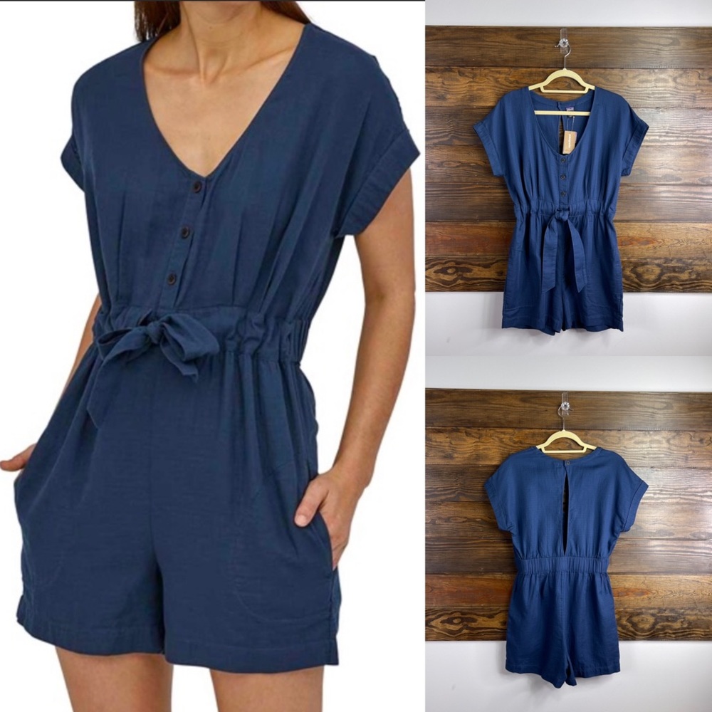 Patagonia Navy Blue Short Sleeve Tie-Waist Romper